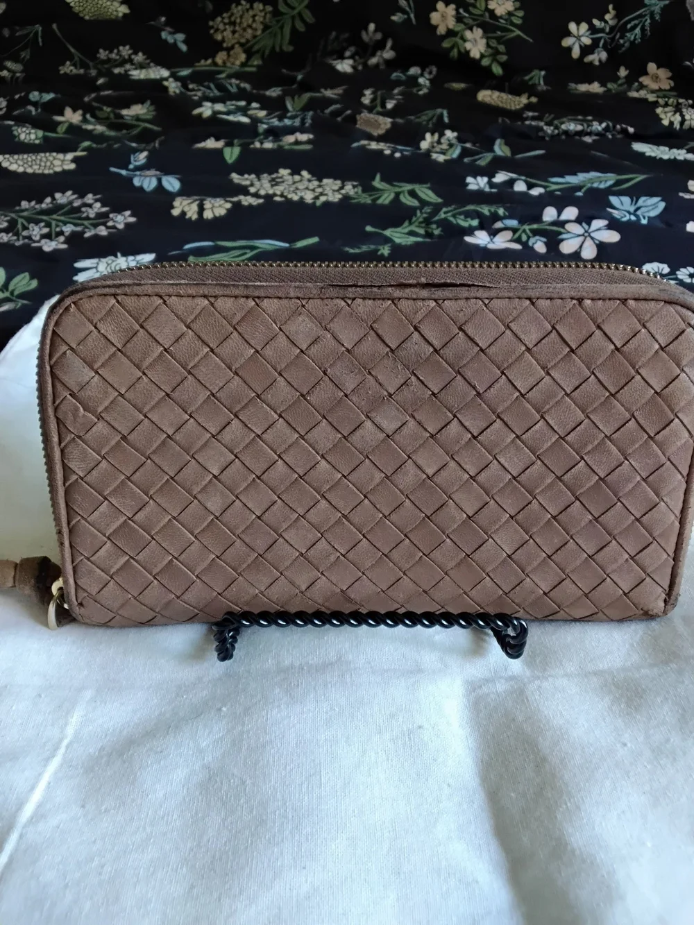 Authentic Bottega Veneta Woven Zip-Around Wallet in Taupe